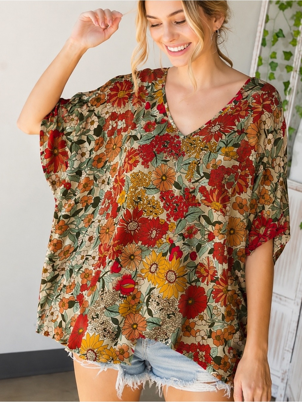 Natural Life Easy V-Neck Boho Top Gold Vintage Floral Dolman Sleeve Size L